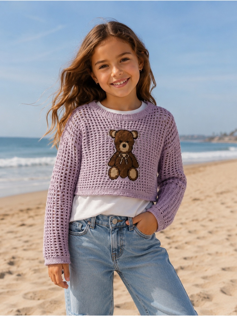 Girls Pink Open-Knit Sweater with Teddy Bear crop top sweater